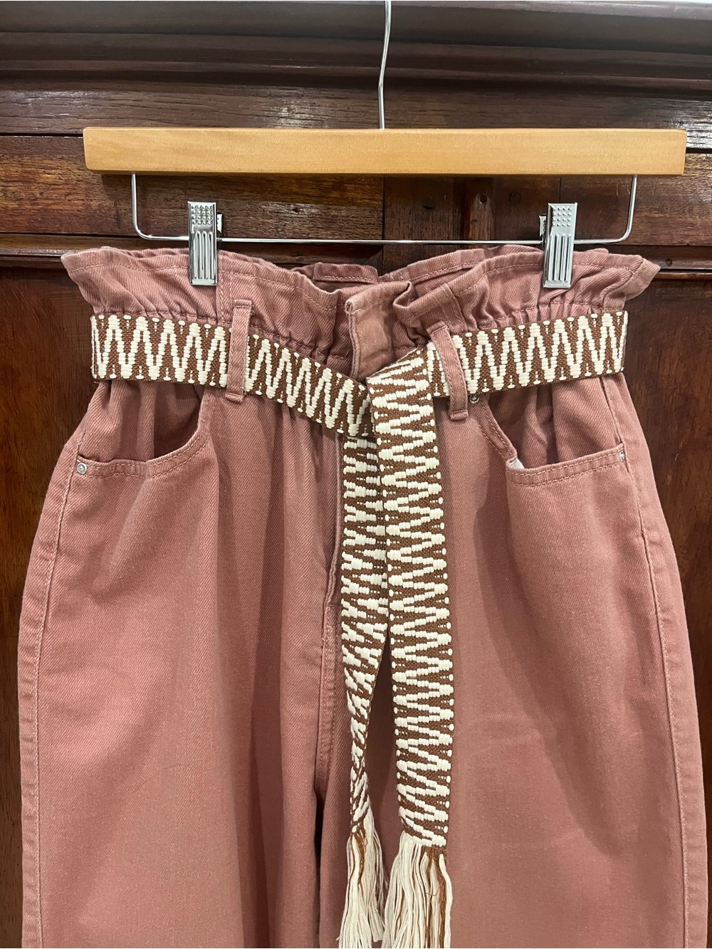 Jean River Island Rose Clay Paperbag Waist with Woven Belt